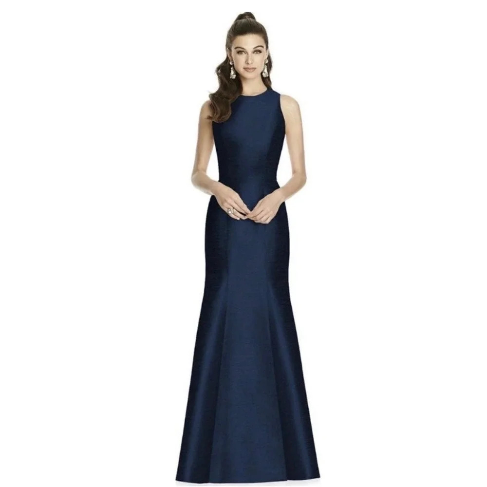 Alfred Sung D823 Midnight Navy Blue Bow Back Trumpet Maxi Gown Dress 16R - Picture 1 of 9
